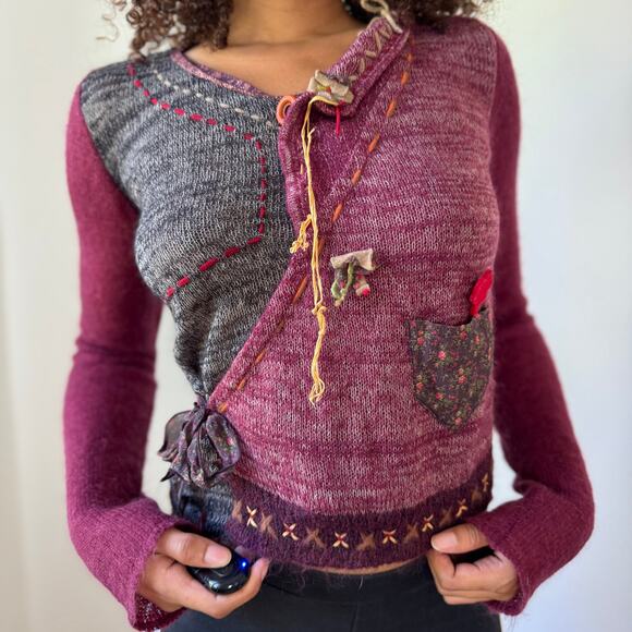 Vintage Tricot Chic Mulberry Wool–Mohair Patchwork Knit Top with Appliqués (S) - Picture 1 of 10